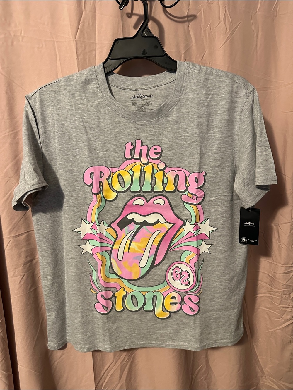 the Rolling Stones Heather Gray Tee with Pink, Yellow & Green Graphic
